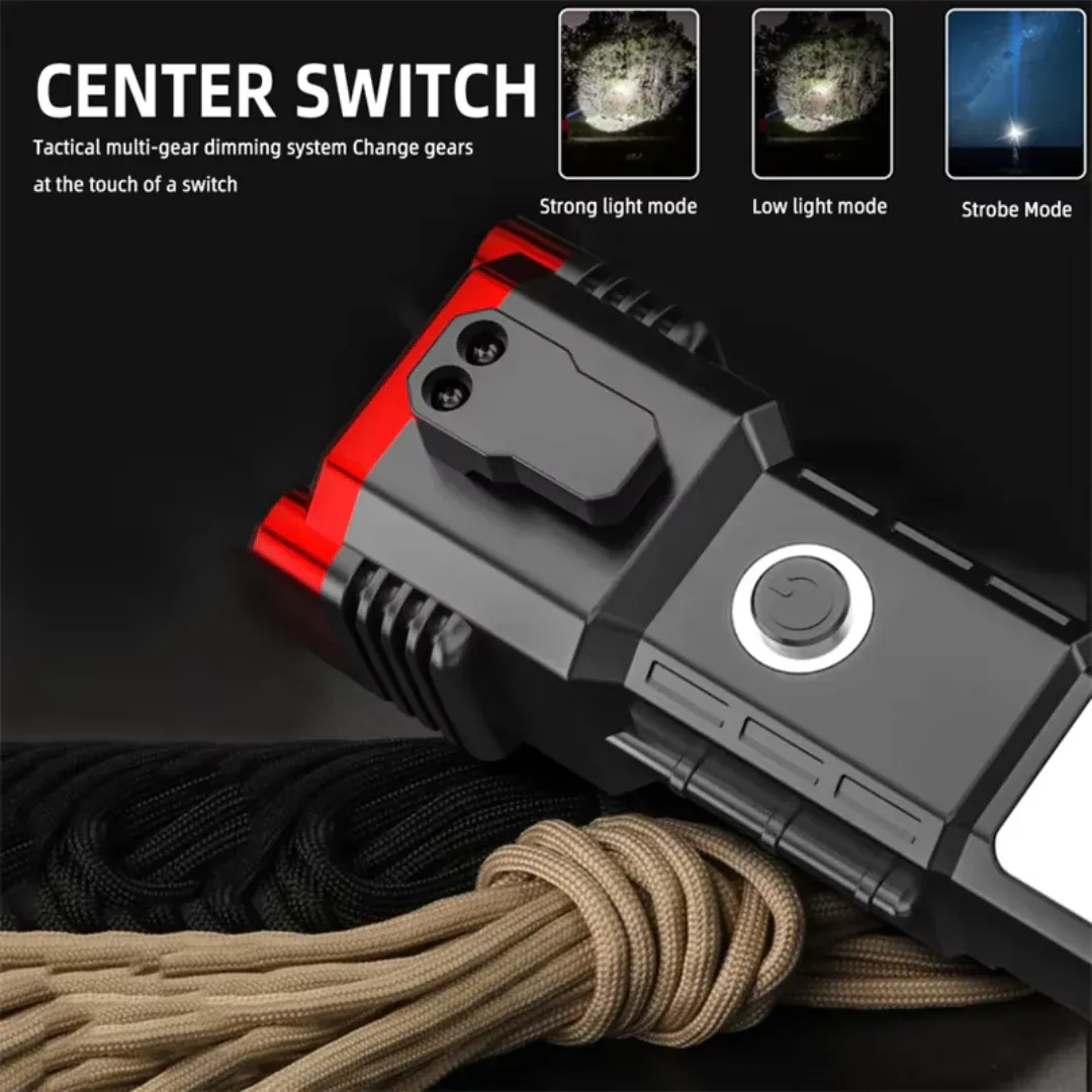 High-Power LED Torch Light Rechargeable Flashlight with Tactical Hammer & Power Bank With Box, Random color - Image 2