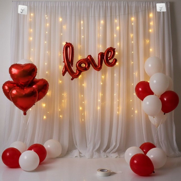 32 Pcs Romantic Tent Decoration Set With Red & White Balloons, Foil Heart, LED Lights & White Curtain Backdrop For Bedroom - Image 2