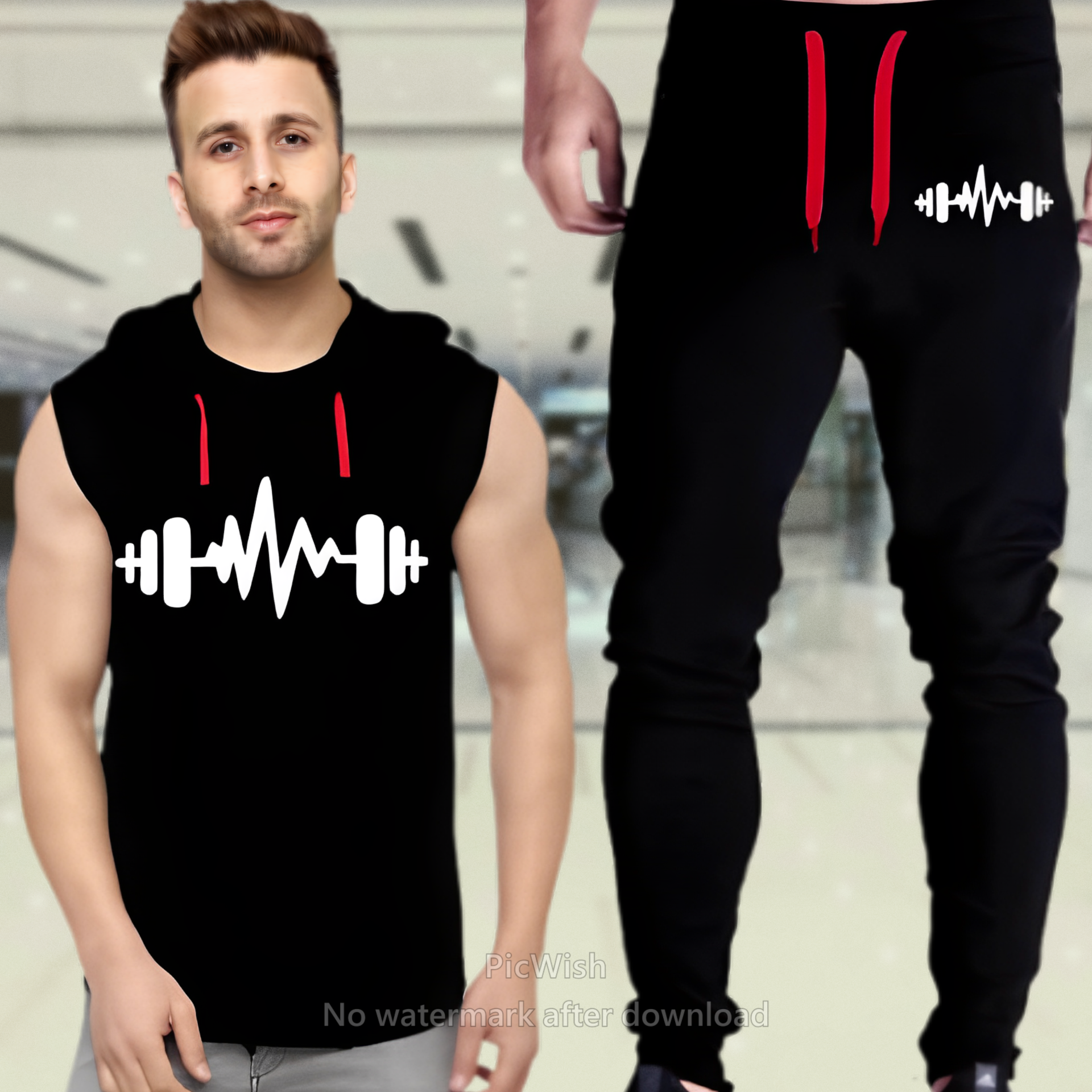 Black Vinyl Dumble Printed Gym Summer Hooded Sleeveless Tracksuit for Mens (Hooded + Trouser) - Image 2