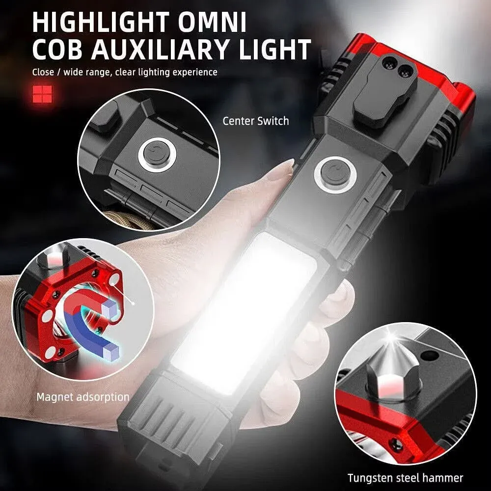High-Power LED Torch Light Rechargeable Flashlight with Tactical Hammer & Power Bank With Box, Random color - Image 3