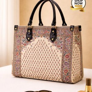 Premium Floral Print Tote Bag  Elegant Handcrafted Shoulder Bag with Top Handles