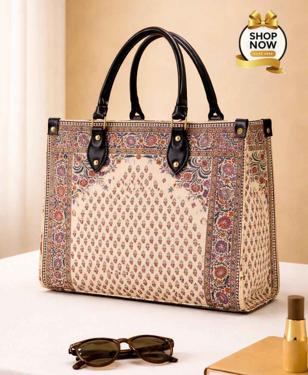 Premium Floral Print Tote Bag Elegant Handcrafted Shoulder Bag with Top Handles