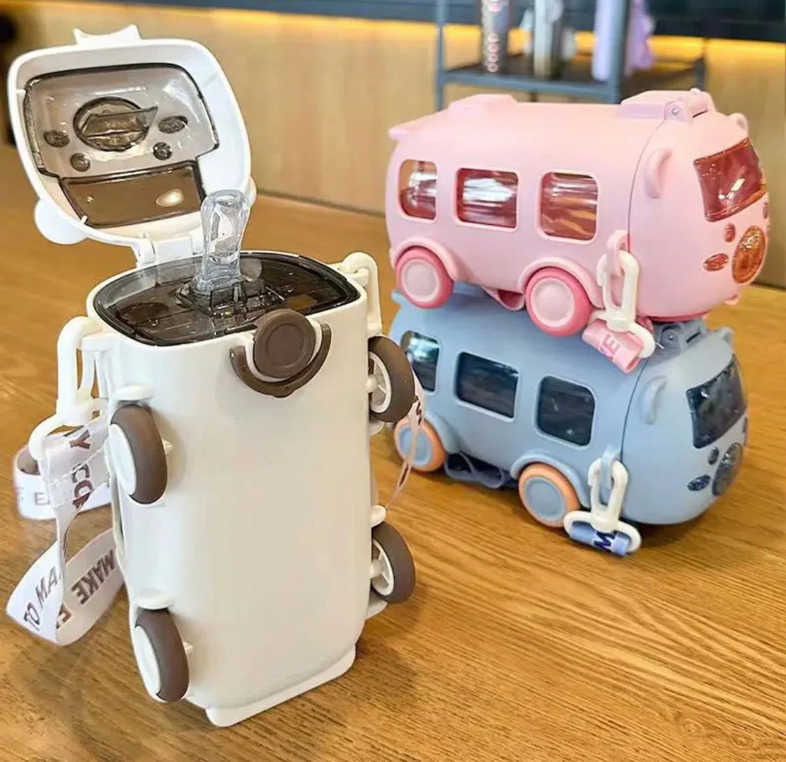 Imported 600ml Bus Water Bottle | Kids Cute Bus Shape | Strap, Sipper & Straw | Leakproof BPA Free (Random Colour) - Image 4
