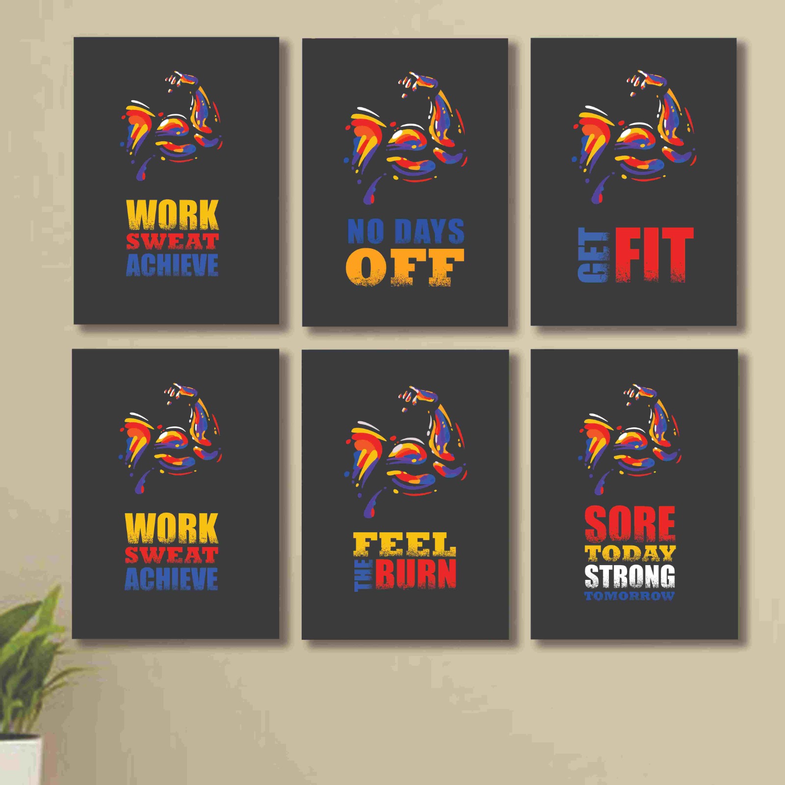 6 Pc Wall Decor Cardboard Phototiles With Double Tape Motivational Gym Quotes Work Hard Biceps Triceps