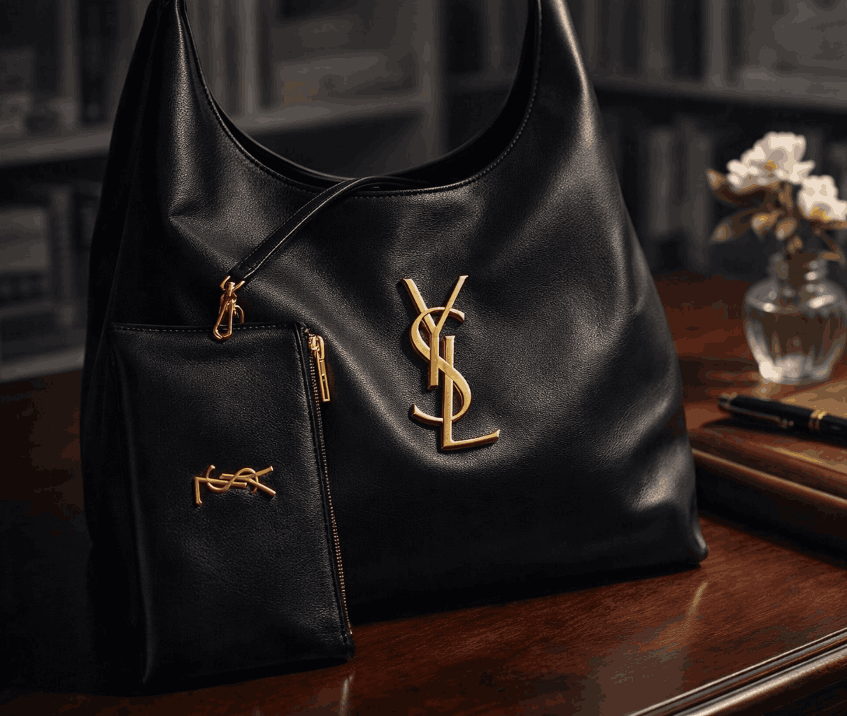 Luxury YSL Imported Tote Bag (Large Capacity) High-Quality Black Leather Shoulder Bag with Pouch | Premium Designer Bag( without box) - Image 3