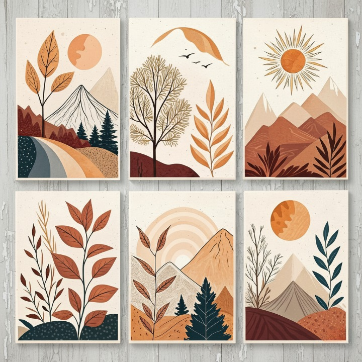 Hills Moon Sun Leaves Wooden Wall Art 6 Piece Decorative Frame Set Made With Wooden Stickytile, Size 8x11 Inches Each, Easy To Mount With Double Tape - Image 2