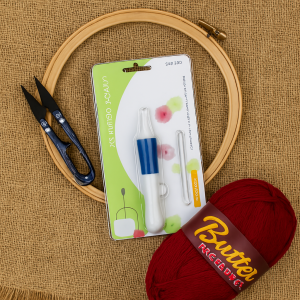 3D Embroidery Punch Needle Kit with 10 Inch Wooden Hoop, Jute Cloth (20x36 inch), Thread, Scissors & Tools  Complete Handcraft Embroidery Set (Maroon Yarn)