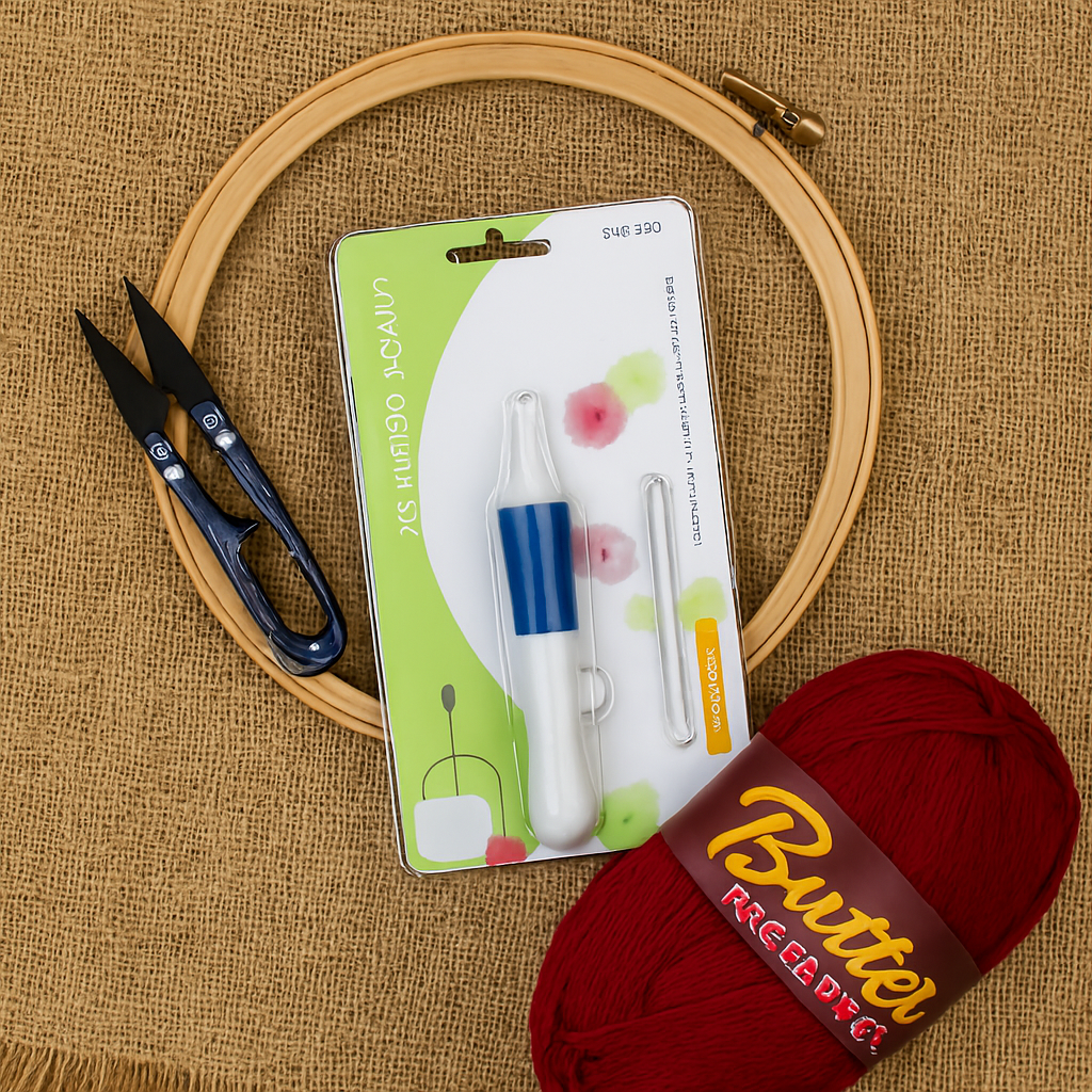3D Embroidery Punch Needle Kit with 10 Inch Wooden Hoop, Jute Cloth (20x36 inch), Thread, Scissors & Tools Complete Handcraft Embroidery Set (Maroon Yarn)