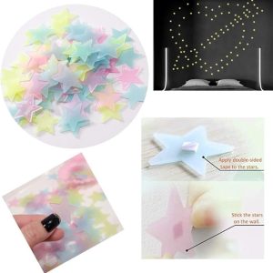 Pack of 100  3D Glowing Stars for Ceiling and Wall Decoration  Luminous Night Sky Stickers for Kids Rooms, Bedrooms, and Nurseries  Glow-in-the-Dark Wall Decals with Adhesive