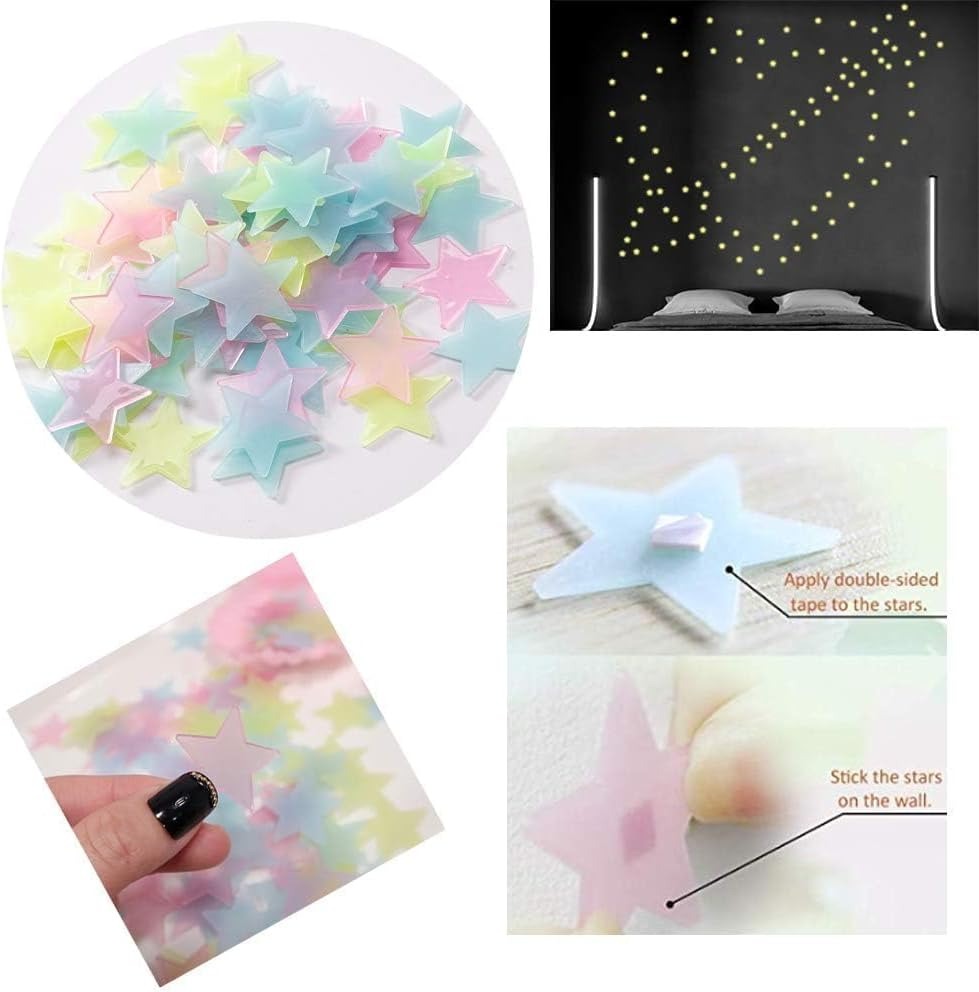 Pack of 100 3D Glowing Stars for Ceiling and Wall Decoration Luminous Night Sky Stickers for Kids Rooms, Bedrooms, and Nurseries Glow-in-the-Dark Wall Decals with Adhesive