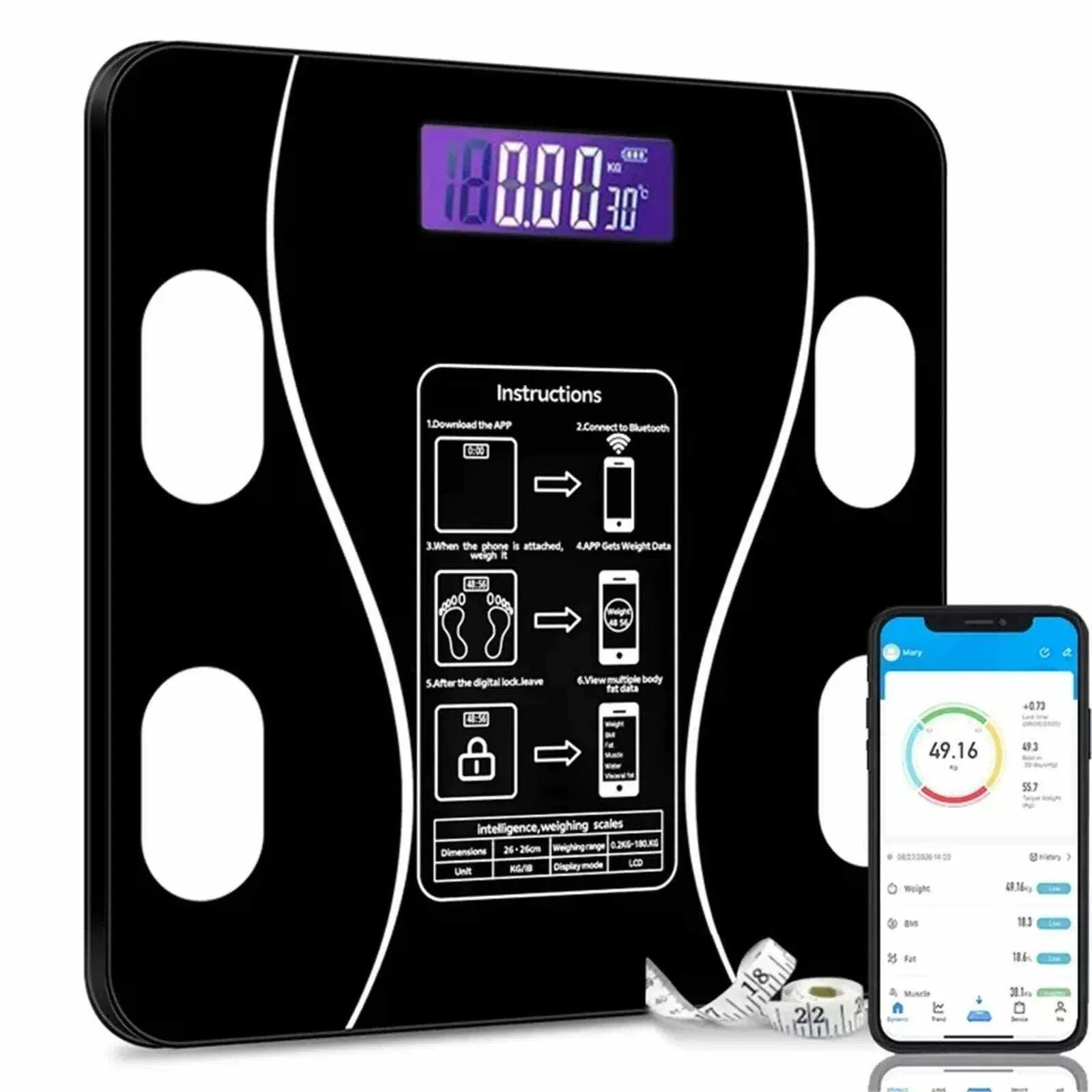 Smart Wireless Bluetooth Digital Weight Scale Max 180kg, Precision D=50g, Body Weight Monitoring