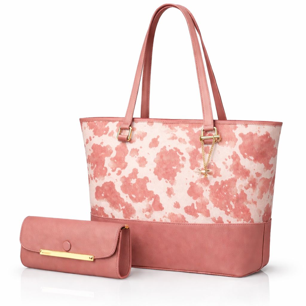 2 Pcs Premium Cow Print Tote Bag Set for Women Stylish Shoulder Handbag with Matching Pouch - Image 2