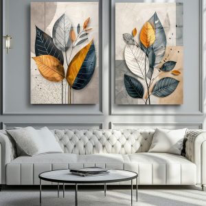 Modern 2-Piece Abstract Flower Wall Frame Set  Navy, Mustard & Gray Leaf Designs