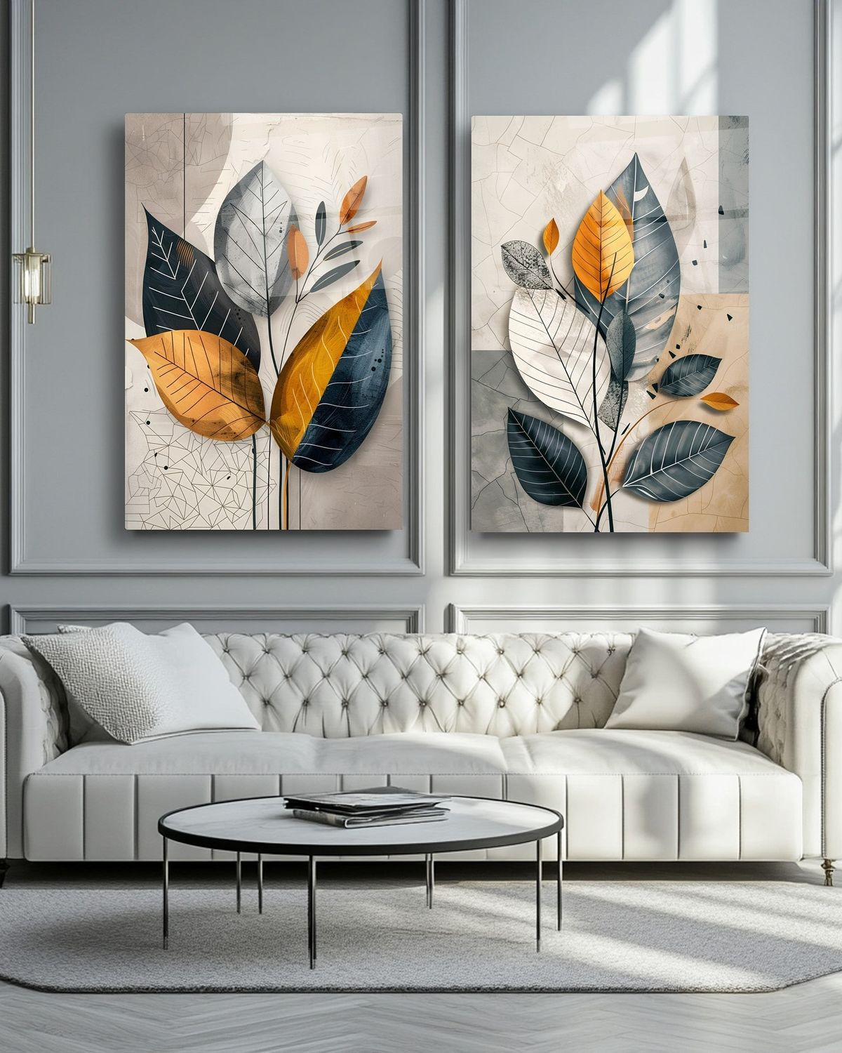 Modern 2-Piece Abstract Flower Wall Frame Set Navy, Mustard & Gray Leaf Designs