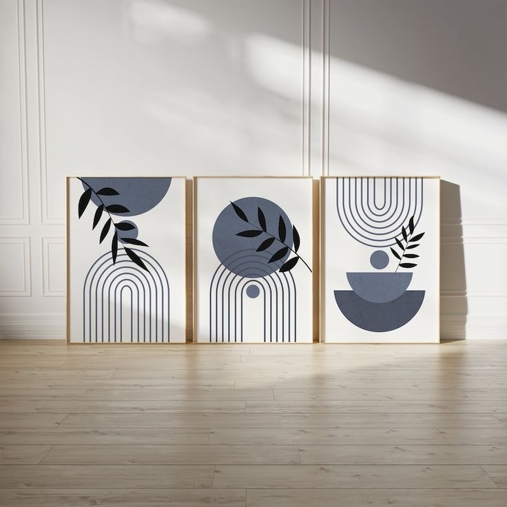 Set of 3 Abstract Botanical Wall Art Frames 8x11 MDF Wood with Adhesive Backing