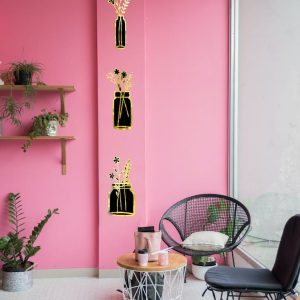 Acrylic Mirror Summer Vase Wall Decoration  Golden & Black 3D Flower Pot Wall Art Sticker Decals (12x18) inch