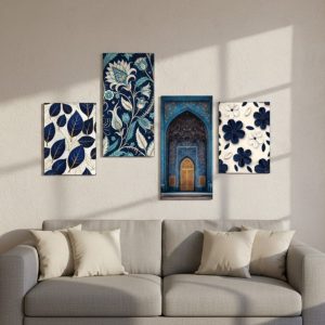 Set of 4 Blue & White Botanical & Architectural Wall Tiles | Wooden Sticky | 8x16 & 8x11 | Double Tape Included