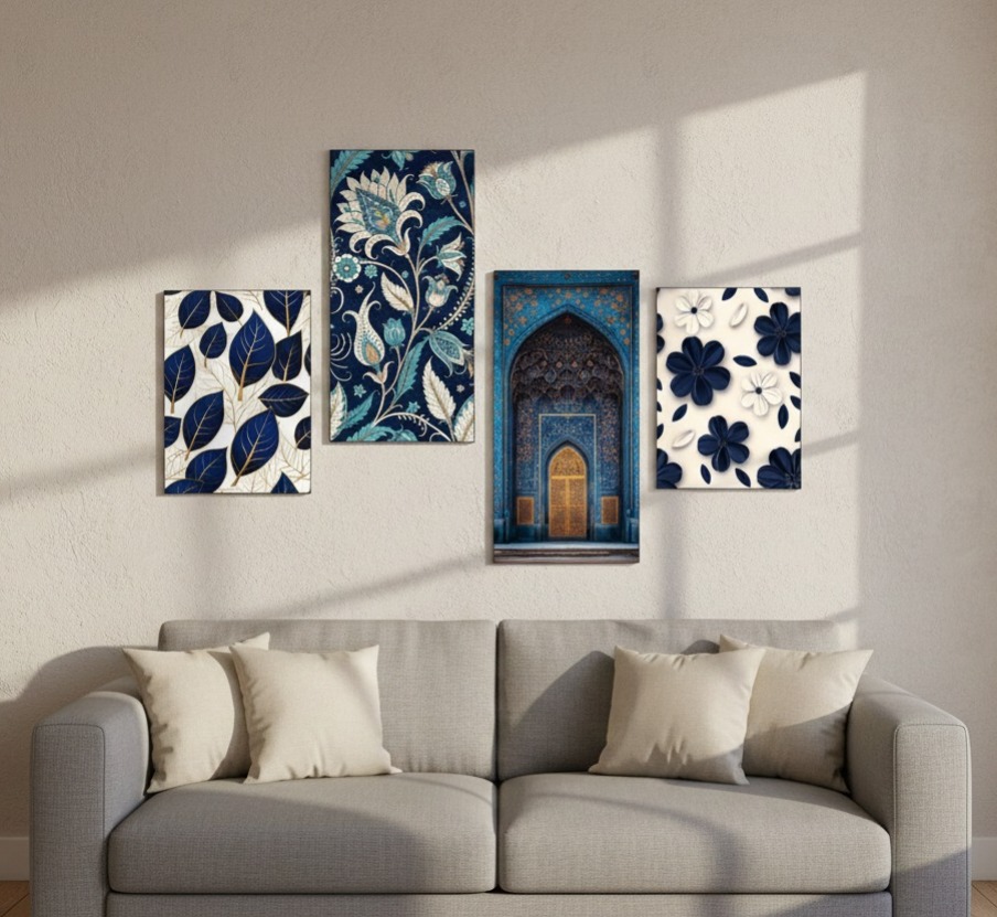 Set of 4 Blue & White Botanical & Architectural Wall Tiles | Wooden Sticky | 8x16 & 8x11 | Double Tape Included