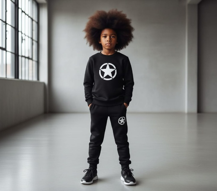Kids Star Printed Black & Black Tracksuit Set - Image 2