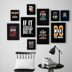 Modern 10 Piece Yellow And Black Motivational Wall Art Set Wooden MDF Sticky Phototile Frames | Double Tape Included