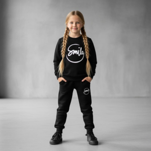 Kids SMILE Printed Stylish Black & Black Tracksuit Set