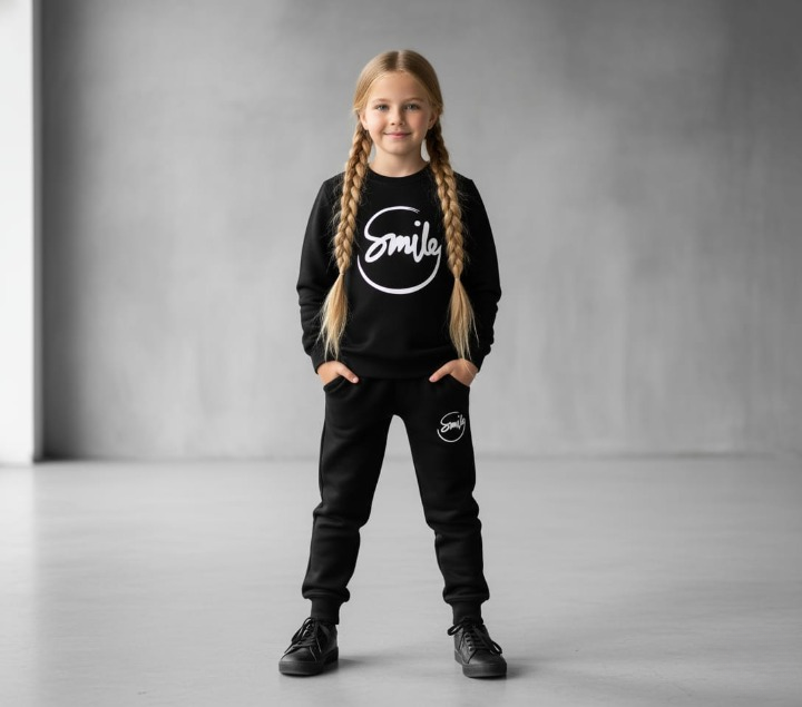 Kids SMILE Printed Stylish Black & Black Tracksuit Set