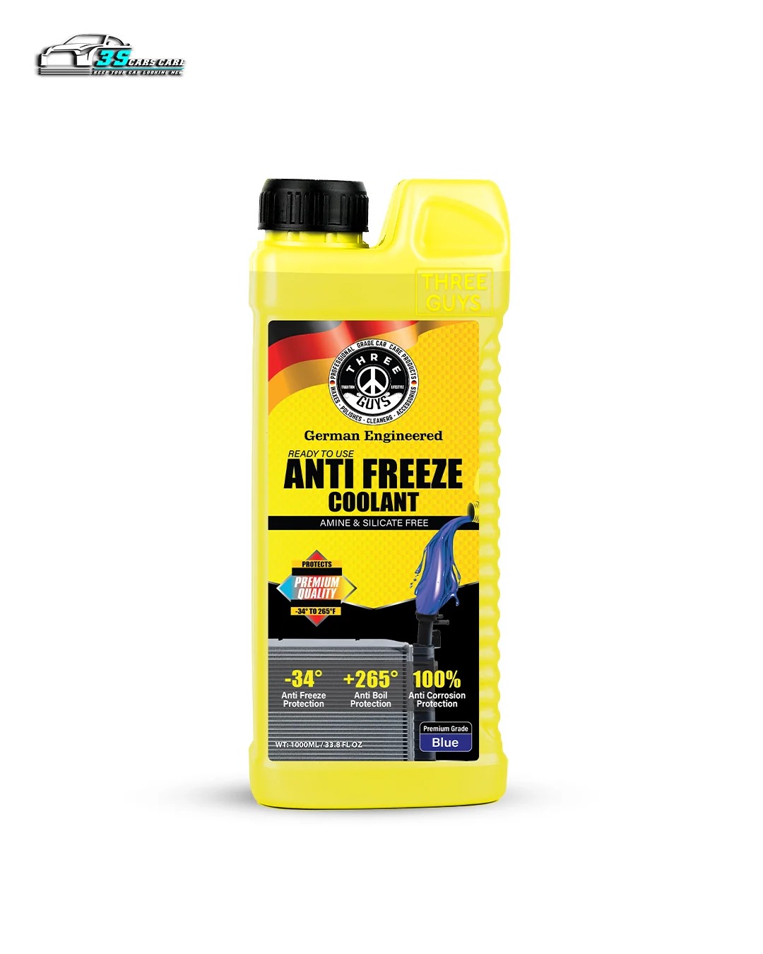 THREE GUYS Antifreeze Coolant Blue Premium Grade HOAT Coolant | Long-Life Radiator Fluid | Engine Overheat & Freeze Protection | Ready-to-Use Formula (1000) ML