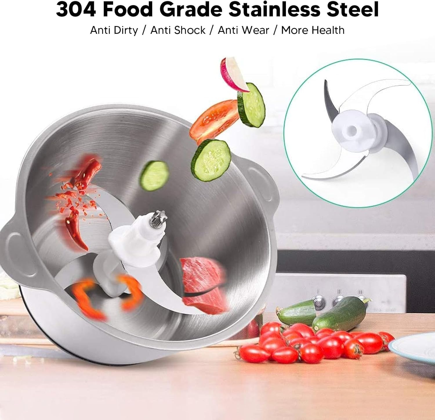 Falari 3L Electric Meat Grinder, Stainless Steel Electric Chopper for Household Use, Automatic Food Processor With 3 Speed for Meat, Vegetables, Fruit and Nuts, Detachable and Washable - Image 4