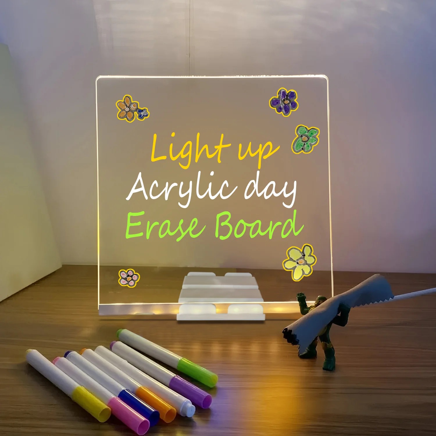 LED Light-Up Transparent Writing Board With 7 Marker | 15×15 cm Acrylic Pad with Stand | Colorful DIY Notes & Erasable Pens