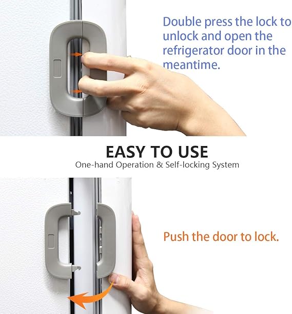 Child Safety Refrigerator Lock Self-Adhesive Fridge & Freezer Door Lock with Double Safety Button Easy One-Hand Use