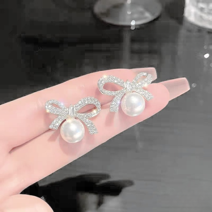 Bow Knot Pearl Earrings with Zircon Korean Style (PJX-113) - Image 4