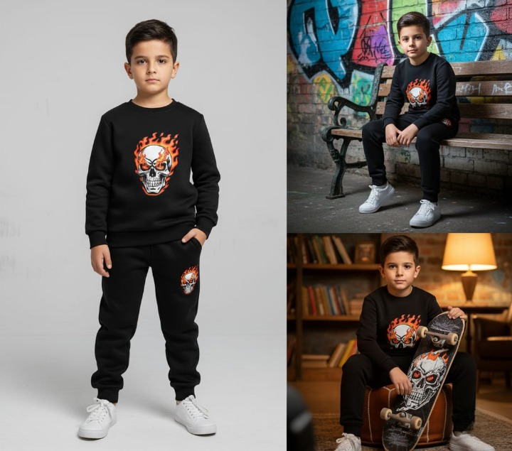 Black Printed Kids Tracksuit - Image 3