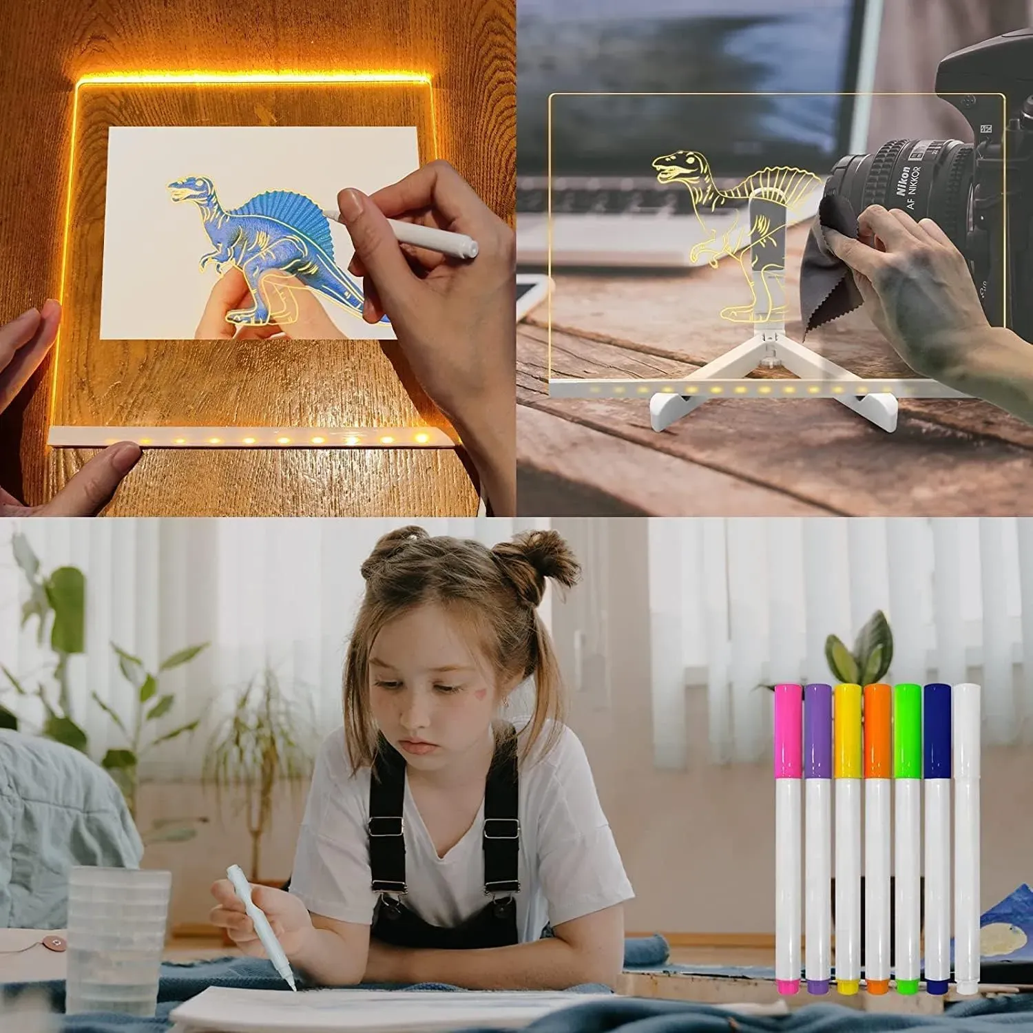 LED Light-Up Transparent Writing Board With 7 Marker | 15×15 cm Acrylic Pad with Stand | Colorful DIY Notes & Erasable Pens - Image 2