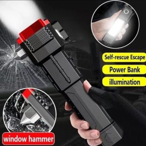 High Power LED Torch Light Rechargeable Flashlight Multi Functional Emergency Tool With Power Bank, Window Hammer, And Bright Illumination