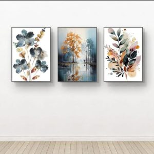 Nature-Inspired Wall Art Set  3 Wooden Frames (8x11) with Botanical & Landscape Designs | Easy Wall Mounting with Double Tape