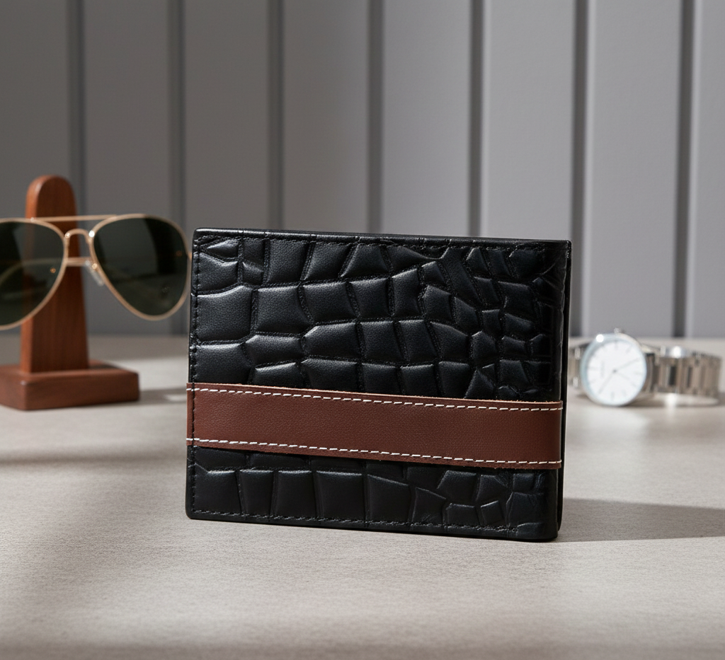 Mens Croc-Texture Cow Leather Wallet Black with Maroon Strip | Stylish Bifold Slim Wallet - Image 2