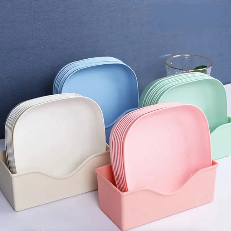 Plate Set Pack of 10 Plastic Split Bone Dish Plates with Holder (Random Colors)