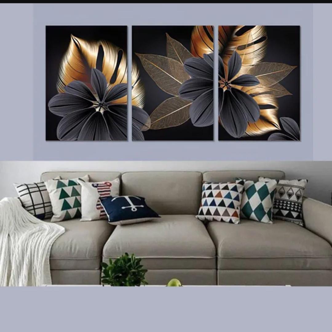 Luxury Floral Wall Art Set 3 Wooden Frames (8x11) with Elegant Black & Gold Botanical Design | Easy Wall Mounting with Double Tape - Image 2