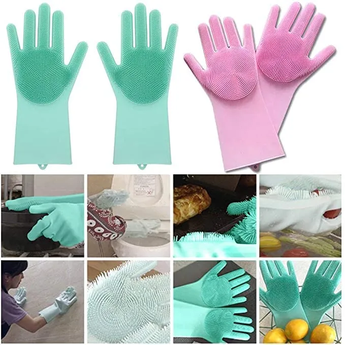 Silicone Dishwashing & Cleaning Pair Gloves Reusable Heat Resistant Scrubber Gloves for Kitchen, Bathroom & Household Cleaning | Random Color - Image 2