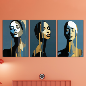 Set of 3 Inspirational Wall Art Wooden Phototile Frames Abstract Portraits with Gold Accents, 8x11 Inch MDF, Ready to Stick