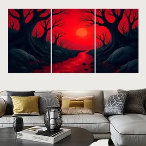 Set of 3 Surreal Red Landscape Wall Art Frames  8x11 MDF Wood with Adhesive Backing