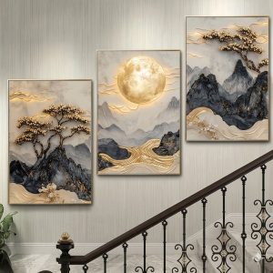 Luxury 3-Piece Landscape Wall Frame Set  Golden Moon & Blossoming Trees