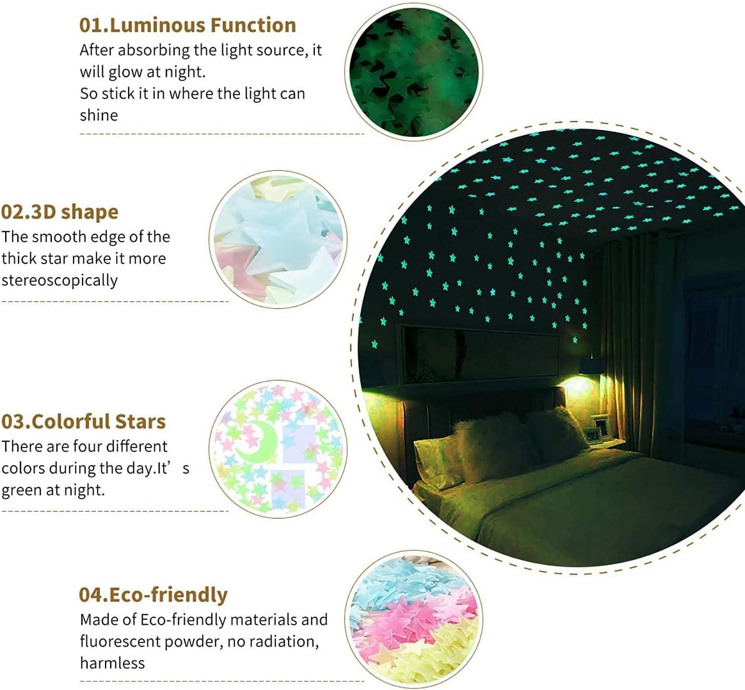 Pack of 100 3D Glowing Stars for Ceiling and Wall Decoration Luminous Night Sky Stickers for Kids Rooms, Bedrooms, and Nurseries Glow-in-the-Dark Wall Decals with Adhesive - Image 5
