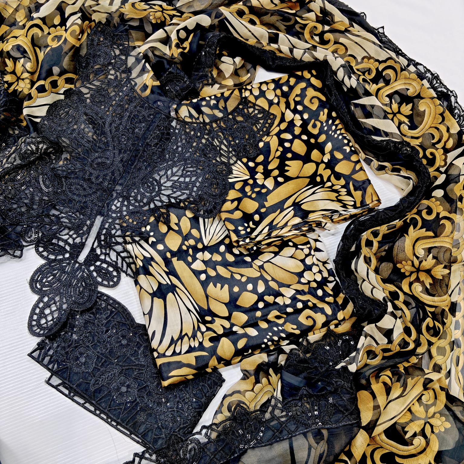 Maria B Printed Embroidered Lawn 3PC Unstitched Suit with Chiffon Dupatta Black & Mustard - Image 4