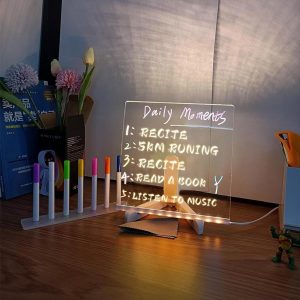Transparent Acrylic LED Dry Erase Message Board 20x20cm White Stand With Glowing Display