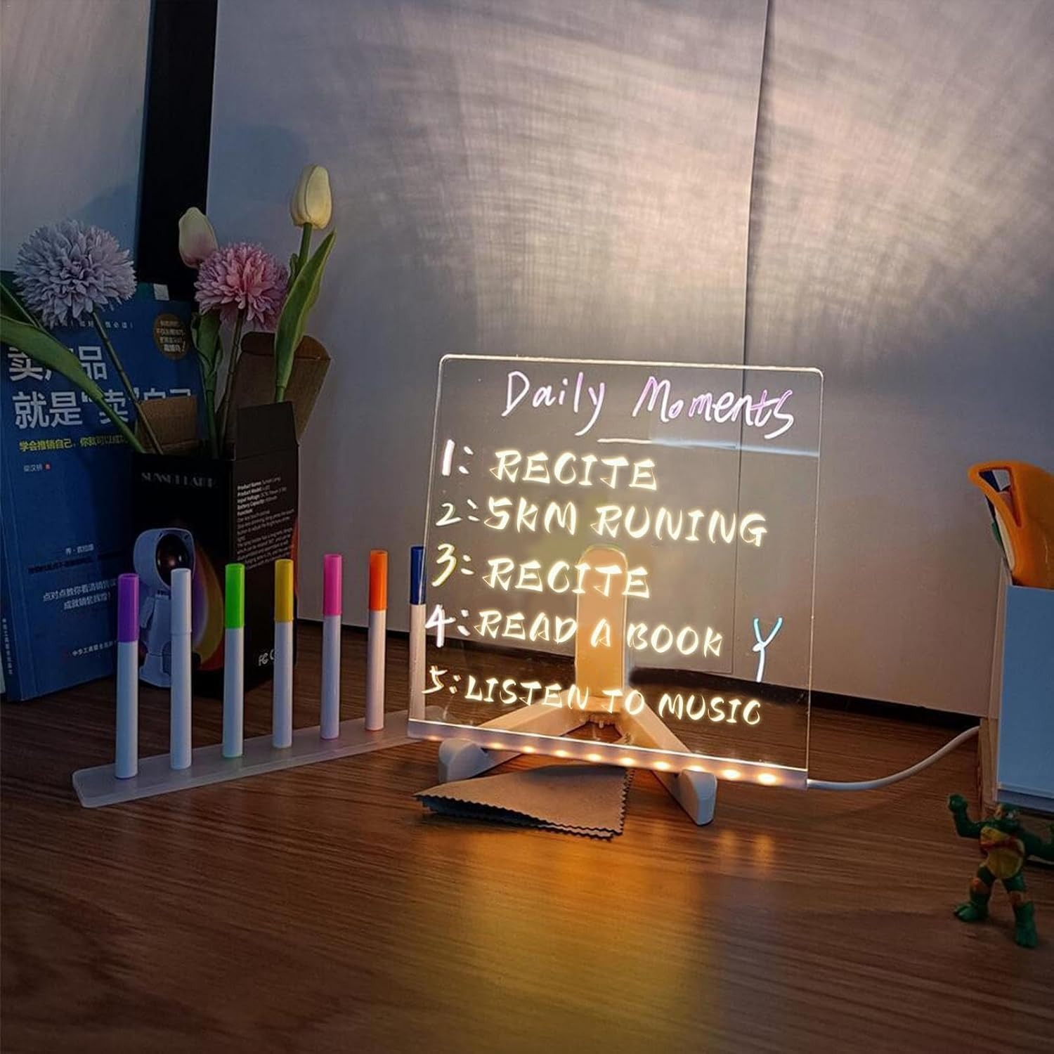 Transparent Acrylic LED Dry Erase Message Board 20x20cm White Stand With Glowing Display
