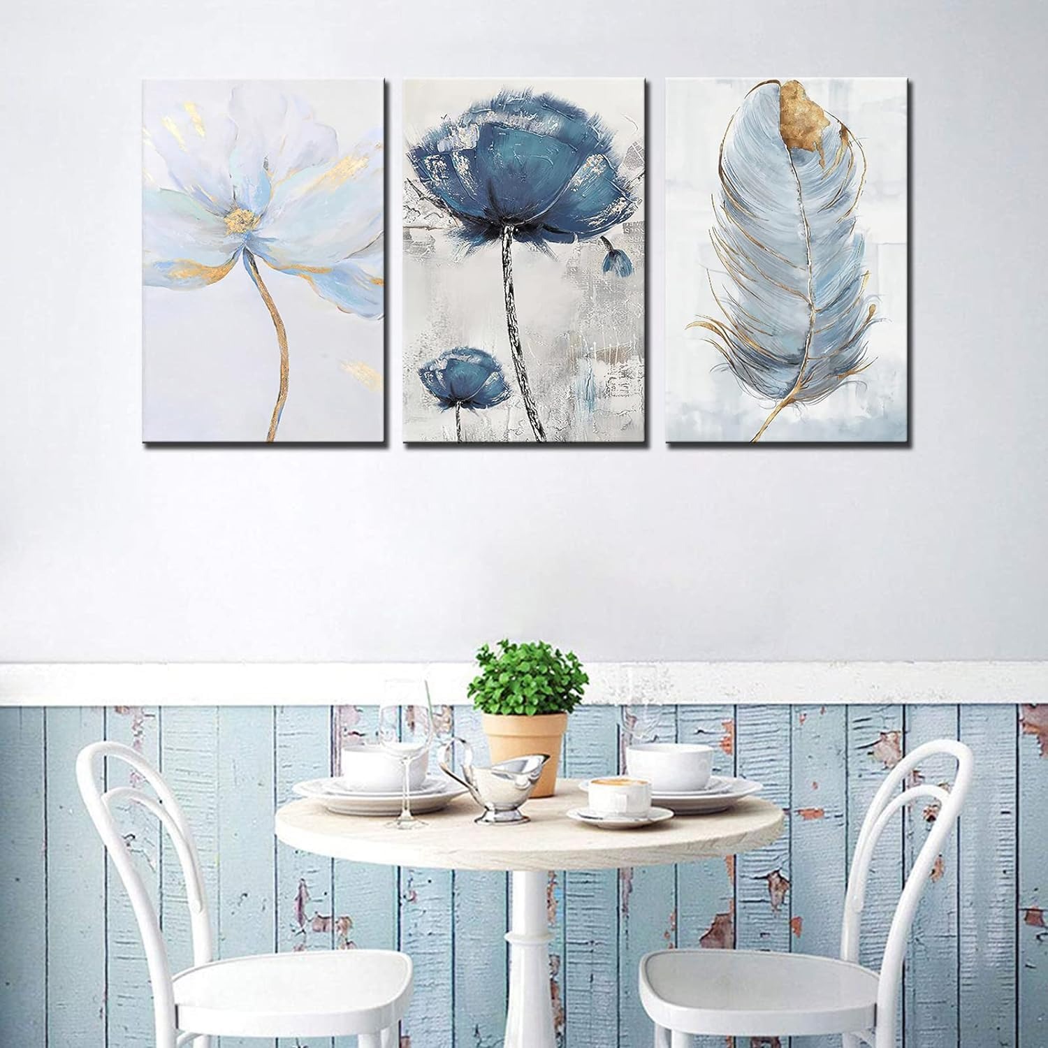 Set of 3 Fresh Posters Flowers & Feather Wall Art Prints (8x11 Inches) with Double Tape