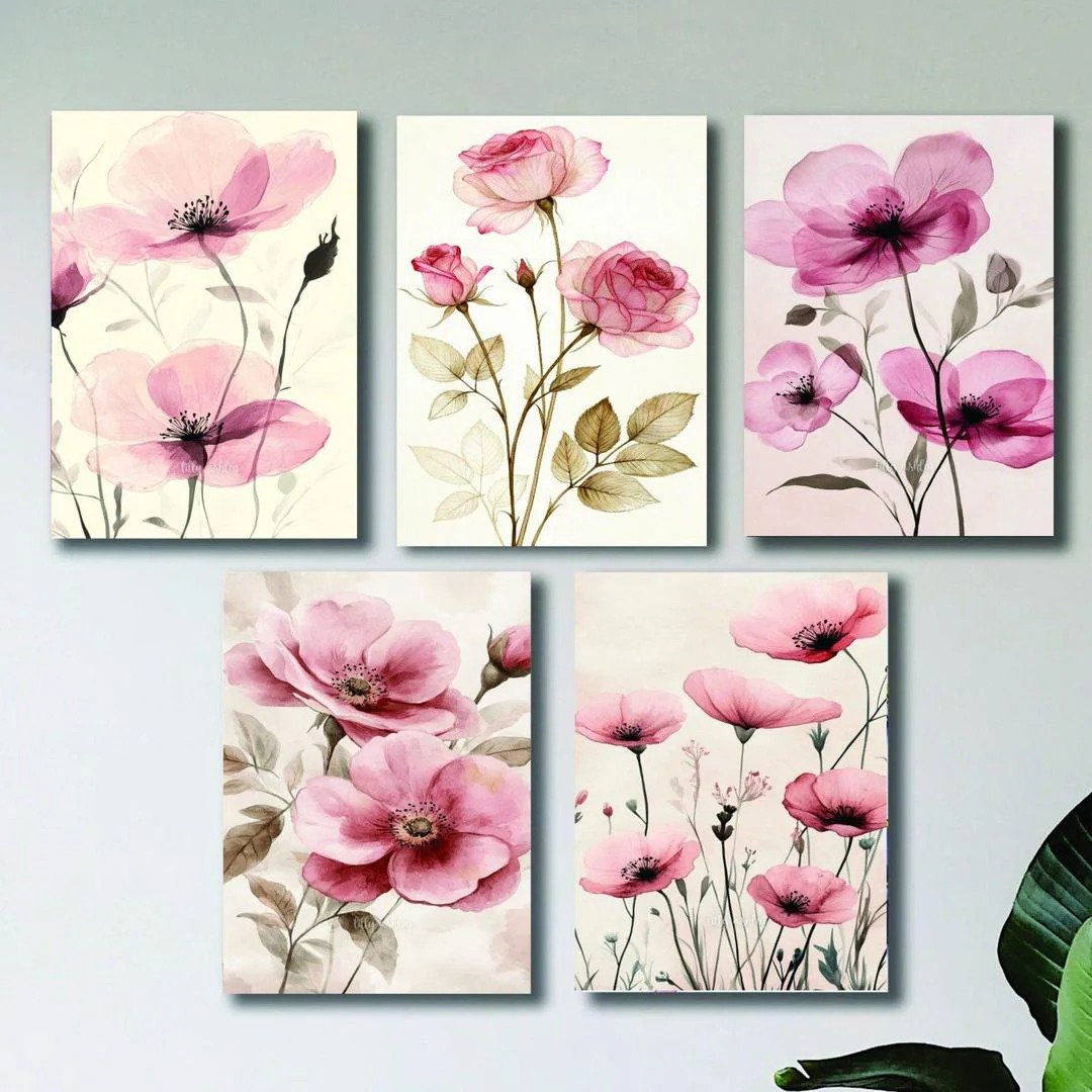 Set of 5 Floral Wooden Wall Frames 8x11 Inch Decorative Art Panels with Double Tape - Image 2