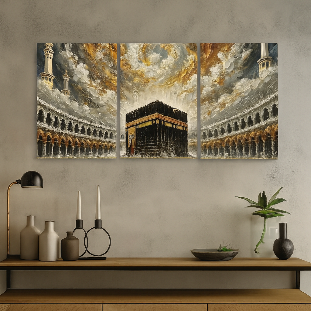 Khana Kaba Wooden Wall Art 3 Piece Islamic Frame Set Made With Wooden Stickytile, Each Frame 8x11 Inches, Easy To Install With Included Double Tape - Image 2