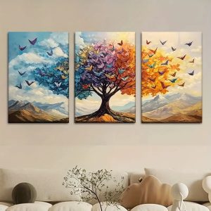 3 Piece Tree & Butterfly Wall Art Wooden Sticky Tile Frames with Self-Adhesive Tape for Easy Home Decoration